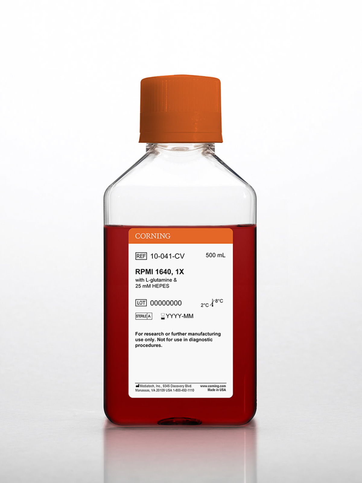 MEIO DE CULTURA RPMI 1640, FENOL RED, [+] L-GLUTAMINE, 25 MM HEPES - FR. 500ML - CORNING
