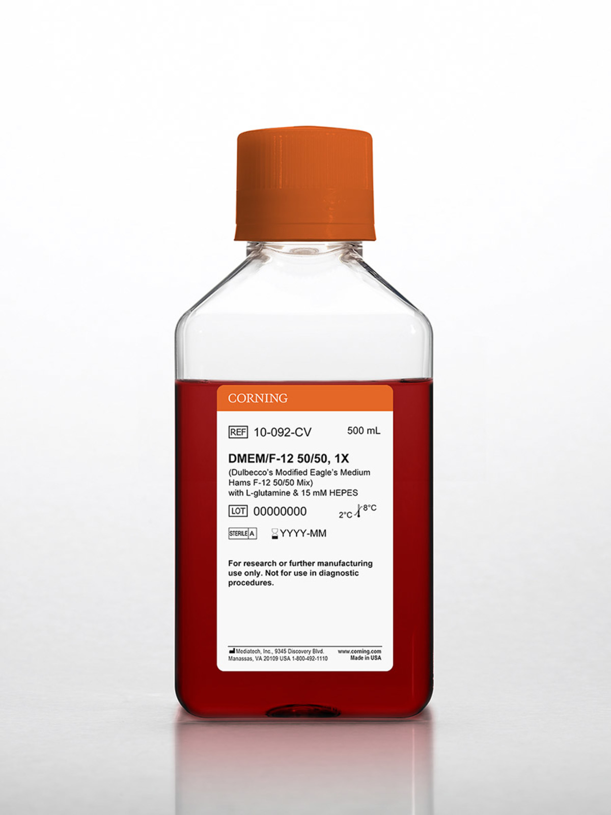 MEIO DE CULTURA LÍQUIDO DMEM/F12, C/ L-GLUTAMINE, HEPES - 500ML - CORNING